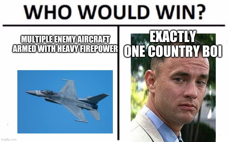 Who Would Win? Meme | EXACTLY ONE COUNTRY BOI; MULTIPLE ENEMY AIRCRAFT ARMED WITH HEAVY FIREPOWER | image tagged in memes,who would win | made w/ Imgflip meme maker