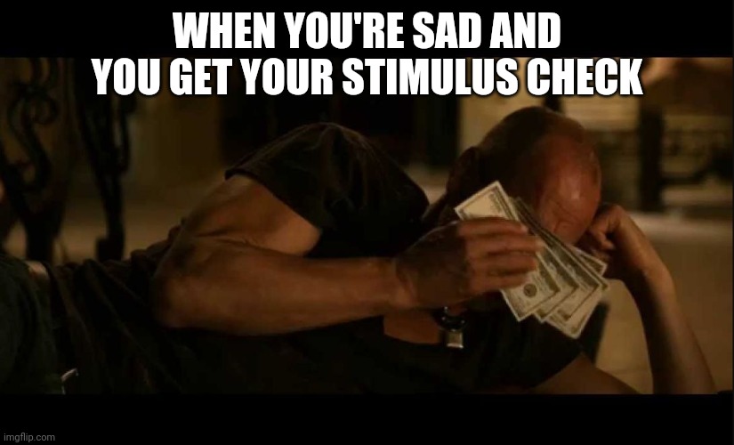 Money Cry | WHEN YOU'RE SAD AND YOU GET YOUR STIMULUS CHECK | image tagged in money cry | made w/ Imgflip meme maker