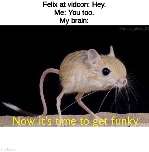 Now it’s time to get funky | Felix at vidcon: Hey.
Me: You too.
My brain: | image tagged in now its time to get funky | made w/ Imgflip meme maker