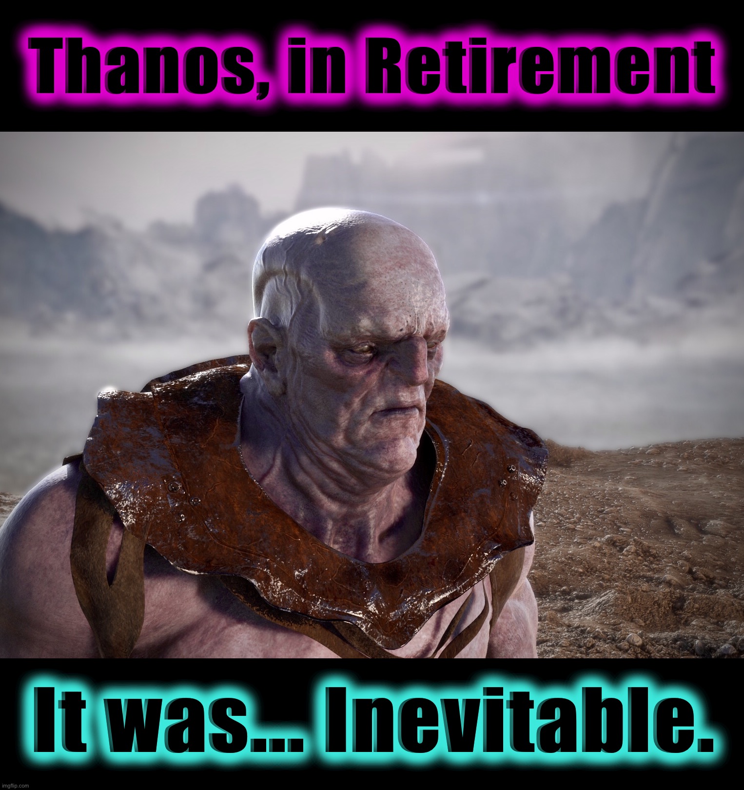 Titans in the Shade | Thanos, in Retirement; It was... Inevitable. | image tagged in thanos,memes,marvel,mcu,retirement,boomers | made w/ Imgflip meme maker