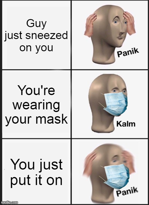 Here's a fresh meme for yall | Guy just sneezed on you; You're wearing your mask; You just put it on | image tagged in memes,panik kalm panik,dank memes,funny | made w/ Imgflip meme maker