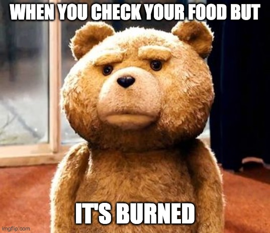 TED Meme | WHEN YOU CHECK YOUR FOOD BUT; IT'S BURNED | image tagged in memes,ted | made w/ Imgflip meme maker
