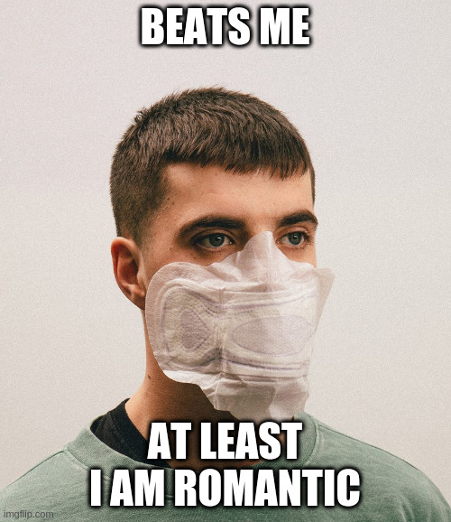 Face Mask gone bad | BEATS ME AT LEAST I AM ROMANTIC | image tagged in face mask gone bad | made w/ Imgflip meme maker