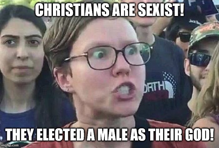 Jesus is male? SEXISM! | CHRISTIANS ARE SEXIST! THEY ELECTED A MALE AS THEIR GOD! | image tagged in meme angry woman,triggered feminist,angry feminist,feminism is cancer,jesus facepalm | made w/ Imgflip meme maker