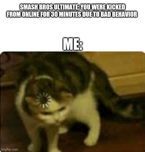 Buffering cat | SMASH BROS ULTIMATE: YOU WERE KICKED FROM ONLINE FOR 30 MINUTES DUE TO BAD BEHAVIOR; ME: | image tagged in buffering cat | made w/ Imgflip meme maker
