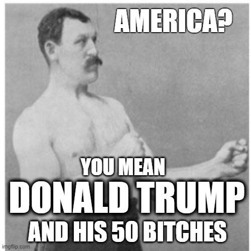 Overly United Manly Man | AMERICA? YOU MEAN; DONALD TRUMP; AND HIS 50 BITCHES | image tagged in memes,overly manly man,donald trump,donald trump approves,devious donald,donald trump thumbs up | made w/ Imgflip meme maker