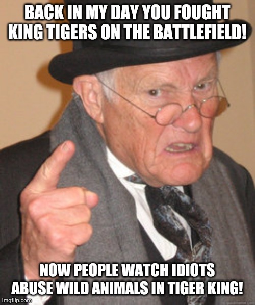 Boy...if you put the word King in front of the word Tiger, it means something totally different than Tiger before King. | BACK IN MY DAY YOU FOUGHT KING TIGERS ON THE BATTLEFIELD! NOW PEOPLE WATCH IDIOTS ABUSE WILD ANIMALS IN TIGER KING! | image tagged in memes,back in my day,tiger king,tanks | made w/ Imgflip meme maker