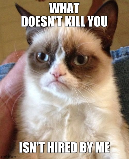 Grumpy Cat Meme | WHAT DOESN'T KILL YOU ISN'T HIRED BY ME | image tagged in memes,grumpy cat | made w/ Imgflip meme maker