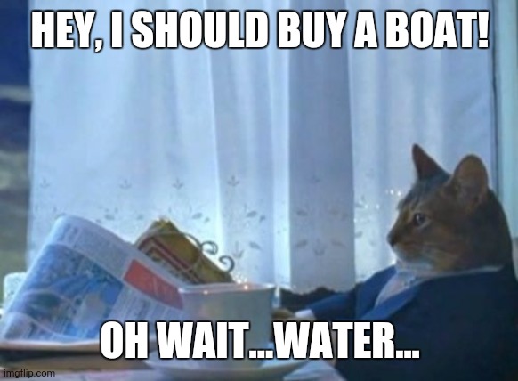 I Should Buy A Boat Cat Meme | HEY, I SHOULD BUY A BOAT! OH WAIT...WATER... | image tagged in memes,i should buy a boat cat | made w/ Imgflip meme maker