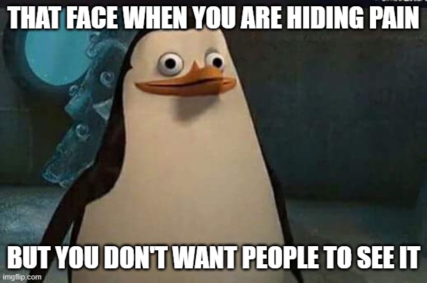 Madagascar penguin | THAT FACE WHEN YOU ARE HIDING PAIN; BUT YOU DON'T WANT PEOPLE TO SEE IT | image tagged in madagascar penguin | made w/ Imgflip meme maker