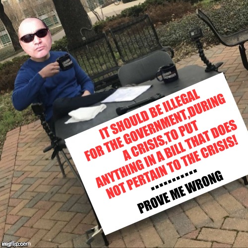 IT SHOULD BE ILLEGAL FOR THE GOVERNMENT,DURING A CRISIS,TO PUT ANYTHING IN A BILL THAT DOES NOT PERTAIN TO THE CRISIS! ▪️▪️▪️▪️▪️▪️▪️▪️▪️▪️▪️
  PROVE ME WRONG | image tagged in memes | made w/ Imgflip meme maker