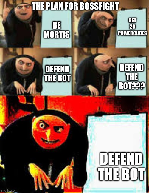 Gru's Plan (Deepfried) | THE PLAN FOR BOSSFIGHT; GET 20 POWERCUBES; BE MORTIS; DEFEND THE BOT??? DEFEND THE BOT; DEFEND THE BOT | image tagged in gru's plan deepfried | made w/ Imgflip meme maker