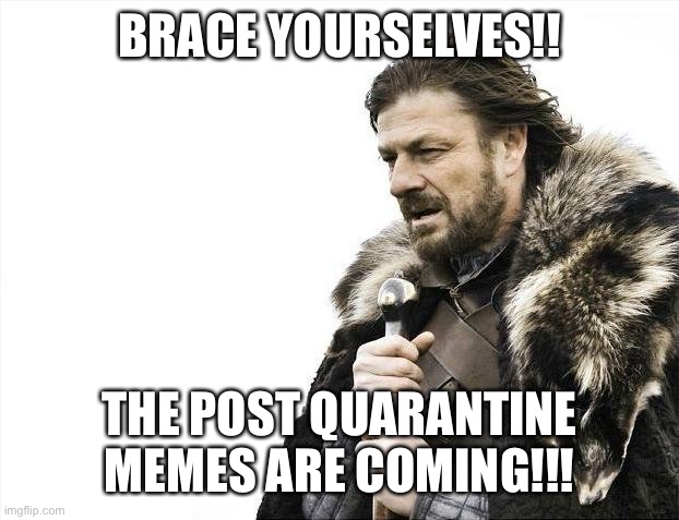 Brace yourselves | BRACE YOURSELVES!! THE POST QUARANTINE MEMES ARE COMING!!! | image tagged in quarantine,funny memes,corona virus,brace yourselves x is coming,300,star wars | made w/ Imgflip meme maker