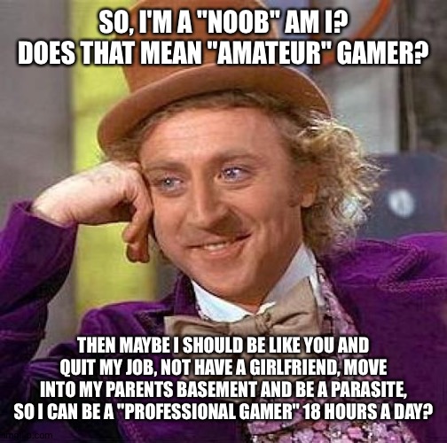 Creepy Condescending Wonka | SO, I'M A "NOOB" AM I? DOES THAT MEAN "AMATEUR" GAMER? THEN MAYBE I SHOULD BE LIKE YOU AND QUIT MY JOB, NOT HAVE A GIRLFRIEND, MOVE INTO MY PARENTS BASEMENT AND BE A PARASITE, SO I CAN BE A "PROFESSIONAL GAMER" 18 HOURS A DAY? | image tagged in memes,creepy condescending wonka | made w/ Imgflip meme maker