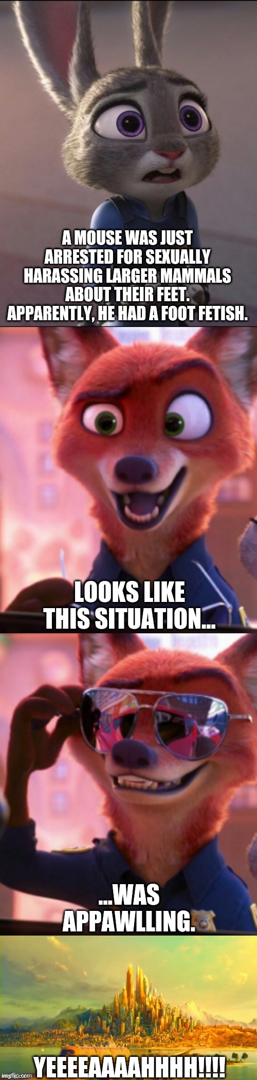 CSI: Zootopia 24 | A MOUSE WAS JUST ARRESTED FOR SEXUALLY HARASSING LARGER MAMMALS ABOUT THEIR FEET. APPARENTLY, HE HAD A FOOT FETISH. LOOKS LIKE THIS SITUATION... ...WAS APPAWLLING. YEEEEAAAAHHHH!!!! | image tagged in csi zootopia,zootopia,judy hopps,nick wilde,parody,funny | made w/ Imgflip meme maker