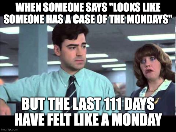 Case of the Mondays | WHEN SOMEONE SAYS "LOOKS LIKE SOMEONE HAS A CASE OF THE MONDAYS"; BUT THE LAST 111 DAYS HAVE FELT LIKE A MONDAY | image tagged in case of the mondays | made w/ Imgflip meme maker