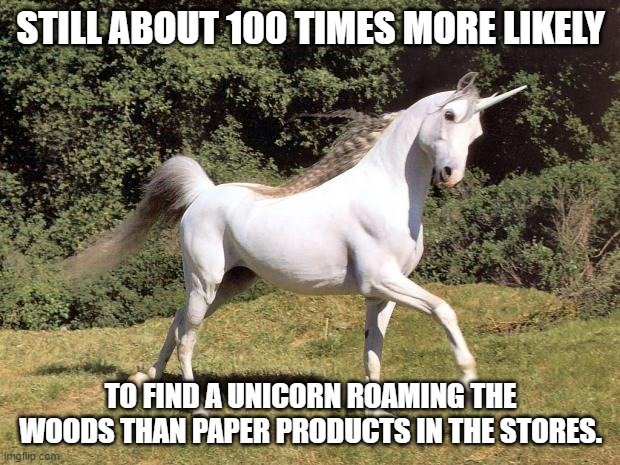 Unicorns | STILL ABOUT 100 TIMES MORE LIKELY TO FIND A UNICORN ROAMING THE WOODS THAN PAPER PRODUCTS IN THE STORES. | image tagged in unicorns | made w/ Imgflip meme maker
