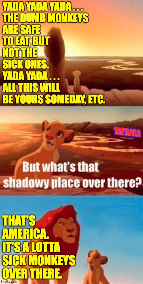 Simba Shadowy Place | YADA YADA YADA . . .
THE DUMB MONKEYS
ARE SAFE
TO EAT, BUT
NOT THE
SICK ONES.
YADA YADA . . .
ALL THIS WILL
BE YOURS SOMEDAY, ETC. 'MERICA; THAT'S
AMERICA.
IT'S A LOTTA
SICK MONKEYS
OVER THERE. | image tagged in memes,simba shadowy place,sick monkeys | made w/ Imgflip meme maker