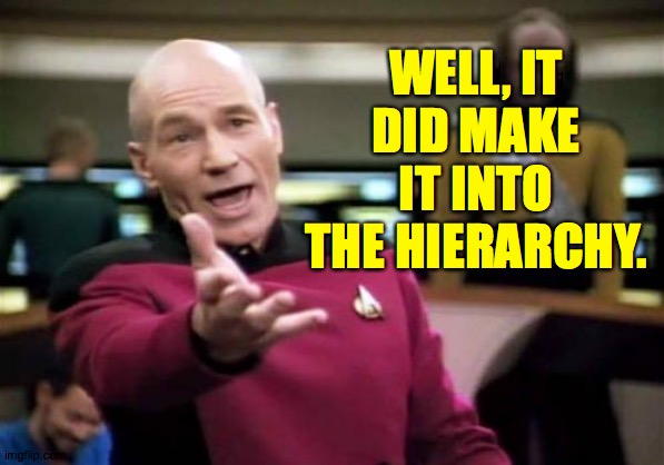 Picard Wtf Meme | WELL, IT DID MAKE IT INTO THE HIERARCHY. | image tagged in memes,picard wtf | made w/ Imgflip meme maker