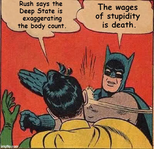 Conspiracy theories can kill you. | Rush says the 
Deep State is 
exaggerating the body count. The wages 
of stupidity 
is death. | image tagged in memes,batman slapping robin,coronavirus,covid-19,conspiracy theories,death | made w/ Imgflip meme maker