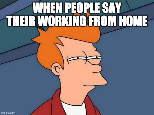 skeptical fry | WHEN PEOPLE SAY THEIR WORKING FROM HOME | image tagged in skeptical fry | made w/ Imgflip meme maker