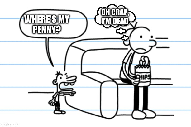 Greg is a Robber? | OH CRAP,
I'M DEAD; WHERE'S MY
PENNY? | image tagged in ploopy blank | made w/ Imgflip meme maker