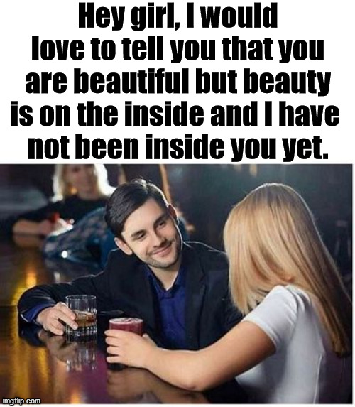 Depends on the woman, you might get slapped or laughed at. | Hey girl, I would love to tell you that you are beautiful but beauty is on the inside and I have 
not been inside you yet. | image tagged in couple at bar pickup line blank,pickup lines | made w/ Imgflip meme maker