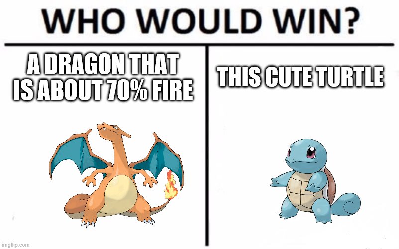 Who Would Win? Meme | A DRAGON THAT IS ABOUT 70% FIRE; THIS CUTE TURTLE | image tagged in memes,who would win | made w/ Imgflip meme maker