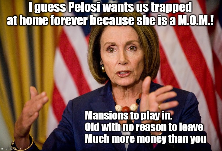 If we all had mansions, do you think "stay at home" might be nice too Mrs. Pelosi? | I guess Pelosi wants us trapped at home forever because she is a M.O.M.! Mansions to play in.
Old with no reason to leave
Much more money than you | image tagged in nancy pelosi,stay at home | made w/ Imgflip meme maker