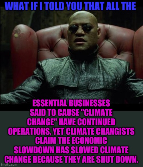 Well, it could have slowed down because capitalism bad! | WHAT IF I TOLD YOU THAT ALL THE; ESSENTIAL BUSINESSES SAID TO CAUSE "CLIMATE CHANGE" HAVE CONTINUED OPERATIONS, YET CLIMATE CHANGISTS CLAIM THE ECONOMIC SLOWDOWN HAS SLOWED CLIMATE CHANGE BECAUSE THEY ARE SHUT DOWN. | image tagged in what if i told you | made w/ Imgflip meme maker