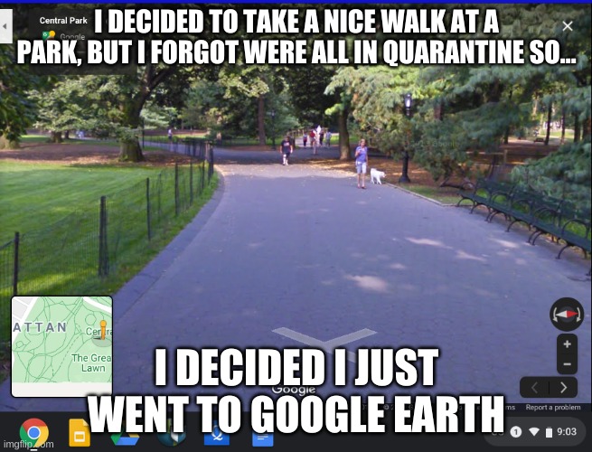 I hate being quarantine | I DECIDED TO TAKE A NICE WALK AT A PARK, BUT I FORGOT WERE ALL IN QUARANTINE SO... I DECIDED I JUST WENT TO GOOGLE EARTH | image tagged in google maps,walking | made w/ Imgflip meme maker