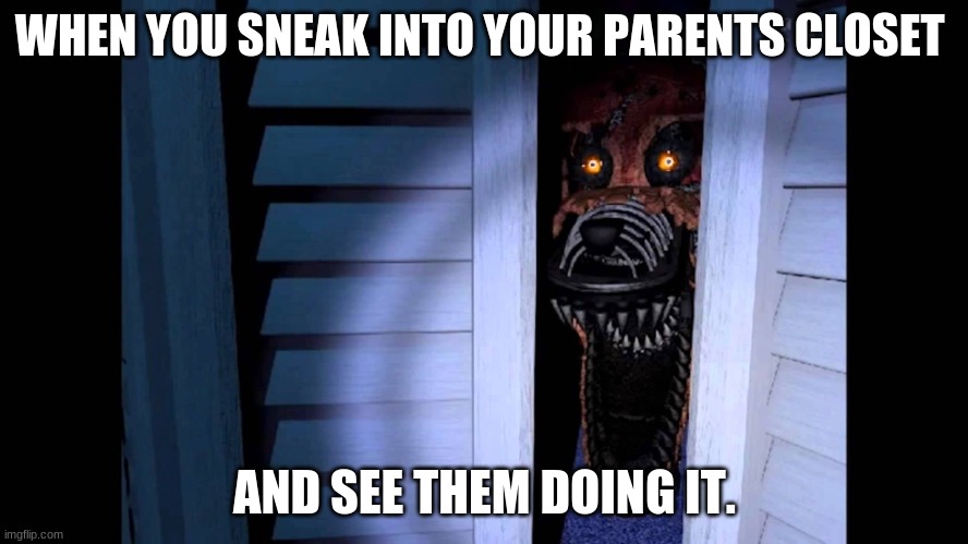 Foxy FNaF 4 | WHEN YOU SNEAK INTO YOUR PARENTS CLOSET; AND SEE THEM DOING IT. | image tagged in foxy fnaf 4 | made w/ Imgflip meme maker