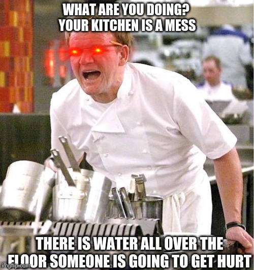 Chef Gordon Ramsay | WHAT ARE YOU DOING? 
YOUR KITCHEN IS A MESS; THERE IS WATER ALL OVER THE FLOOR SOMEONE IS GOING TO GET HURT | image tagged in memes,chef gordon ramsay | made w/ Imgflip meme maker
