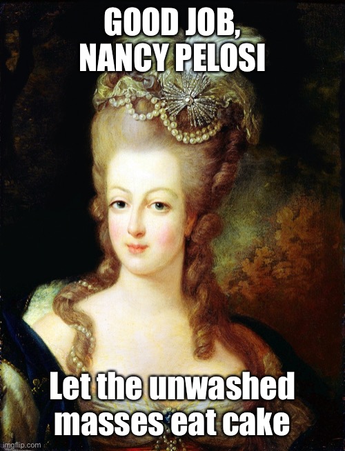 marie antoinette | GOOD JOB, NANCY PELOSI Let the unwashed masses eat cake | image tagged in marie antoinette | made w/ Imgflip meme maker