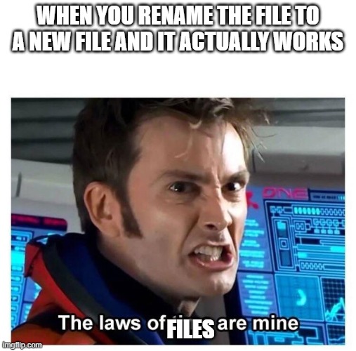 Laws of time | WHEN YOU RENAME THE FILE TO A NEW FILE AND IT ACTUALLY WORKS; FILES | image tagged in laws of time | made w/ Imgflip meme maker