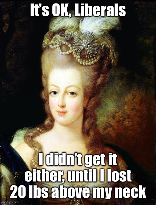 marie antoinette | It’s OK, Liberals I didn’t get it either, until I lost 20 lbs above my neck | image tagged in marie antoinette | made w/ Imgflip meme maker