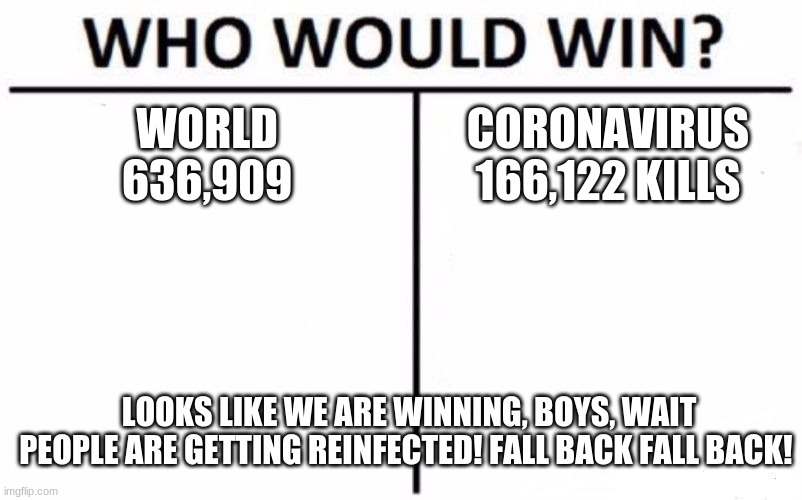 Who Would Win? | WORLD
636,909; CORONAVIRUS
166,122 KILLS; LOOKS LIKE WE ARE WINNING, BOYS, WAIT PEOPLE ARE GETTING REINFECTED! FALL BACK FALL BACK! | image tagged in memes,who would win | made w/ Imgflip meme maker