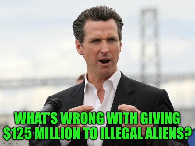 gavin newsome | WHAT’S WRONG WITH GIVING $125 MILLION TO ILLEGAL ALIENS? | image tagged in gavin newsome | made w/ Imgflip meme maker