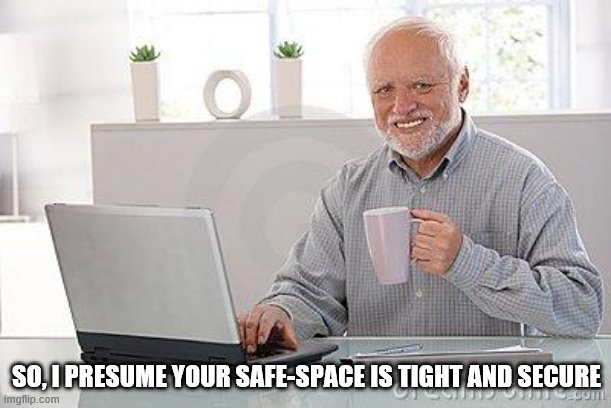 Hide the pain harold smile | SO, I PRESUME YOUR SAFE-SPACE IS TIGHT AND SECURE | image tagged in hide the pain harold smile | made w/ Imgflip meme maker