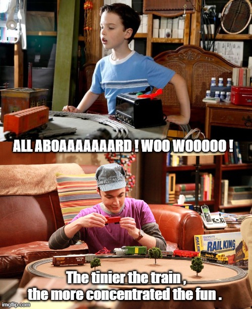 ALL ABOAAAAAAARD ! WOO WOOOOO ! The tinier the train , the more concentrated the fun . | image tagged in sheldon cooper,young sheldon | made w/ Imgflip meme maker