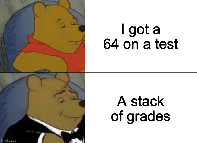 Tuxedo Winnie The Pooh | I got a 64 on a test; A stack of grades | image tagged in memes,tuxedo winnie the pooh | made w/ Imgflip meme maker
