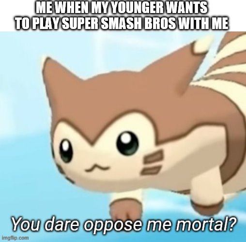 Furret you dare oppose me mortal? | ME WHEN MY YOUNGER WANTS TO PLAY SUPER SMASH BROS WITH ME | image tagged in furret you dare oppose me mortal | made w/ Imgflip meme maker