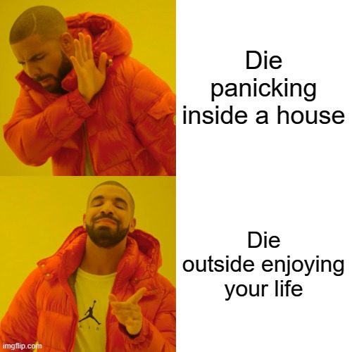 Drake Hotline Bling Meme | Die panicking inside a house Die outside enjoying your life | image tagged in memes,drake hotline bling | made w/ Imgflip meme maker