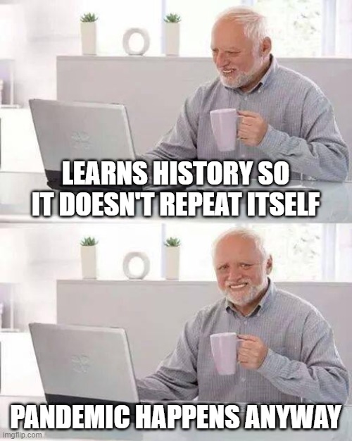 History let me down | LEARNS HISTORY SO IT DOESN'T REPEAT ITSELF; PANDEMIC HAPPENS ANYWAY | image tagged in memes,hide the pain harold | made w/ Imgflip meme maker
