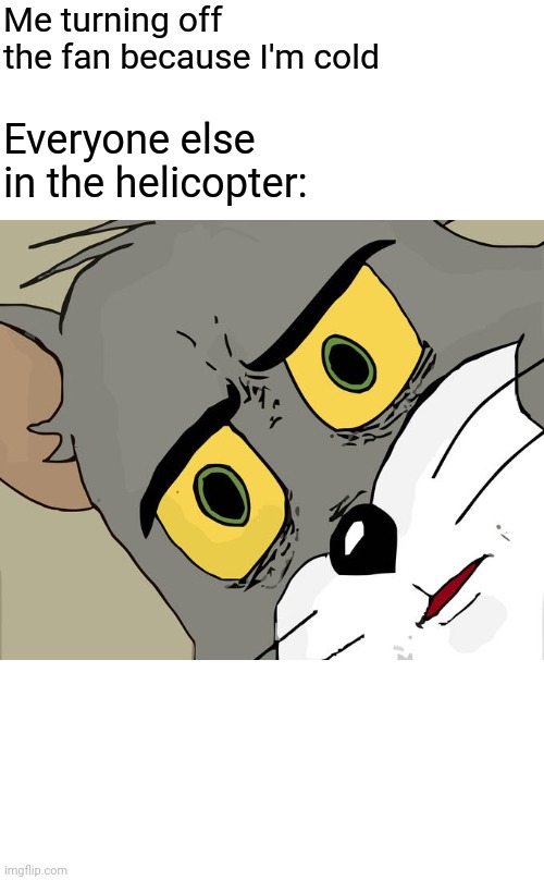 Unsettled Tom Meme | Me turning off the fan because I'm cold; Everyone else in the helicopter: | image tagged in memes,unsettled tom | made w/ Imgflip meme maker