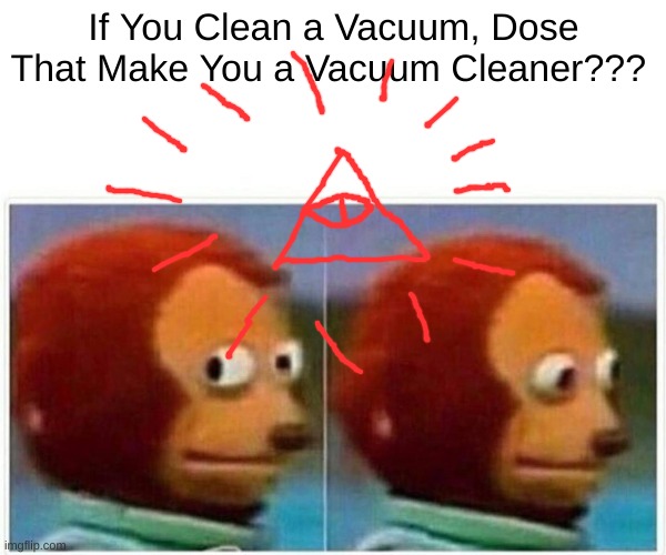 Monkey Puppet Meme | If You Clean a Vacuum, Dose That Make You a Vacuum Cleaner??? | image tagged in memes,monkey puppet | made w/ Imgflip meme maker