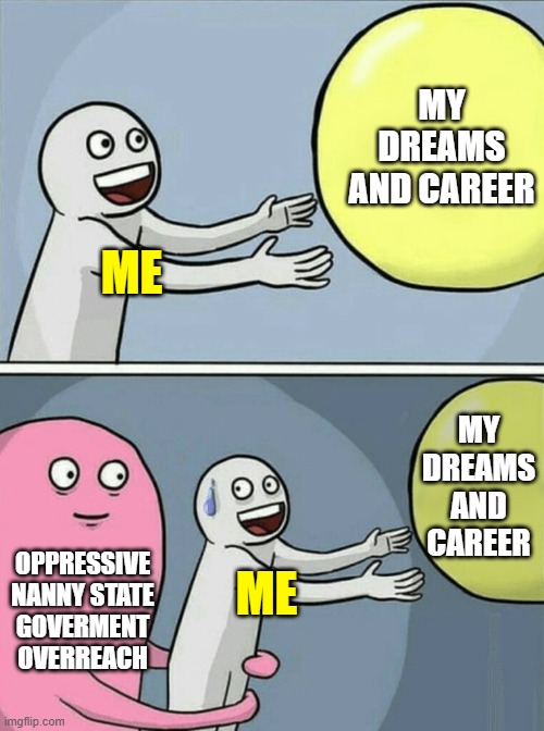 It's about CONTROL, not a virus. | MY DREAMS AND CAREER; ME; MY DREAMS AND CAREER; OPPRESSIVE NANNY STATE GOVERMENT OVERREACH; ME | image tagged in memes,running away balloon | made w/ Imgflip meme maker