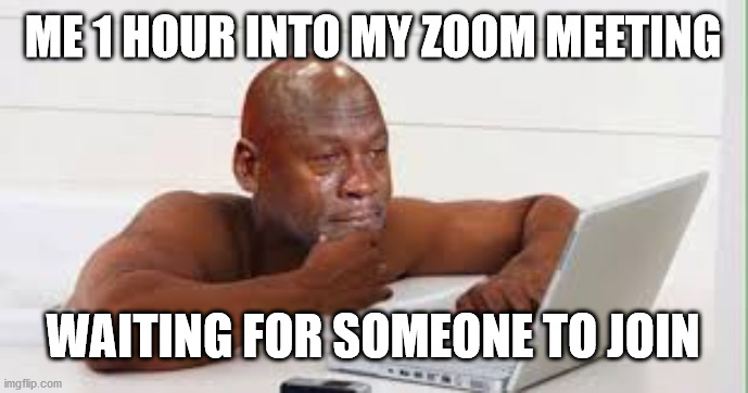 crying computer jordon | ME 1 HOUR INTO MY ZOOM MEETING; WAITING FOR SOMEONE TO JOIN | image tagged in crying computer jordon | made w/ Imgflip meme maker