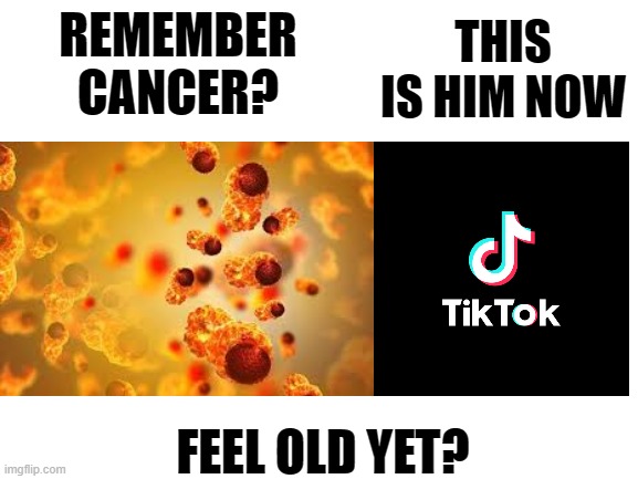 Tiktok is CANCER | THIS IS HIM NOW; REMEMBER CANCER? FEEL OLD YET? | image tagged in tik tok,tiktok,cancer,feel old yet | made w/ Imgflip meme maker
