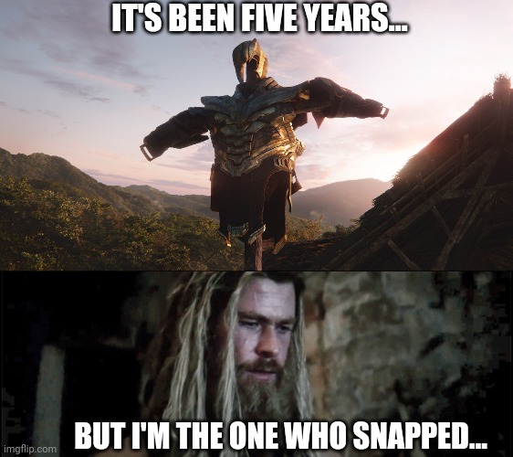 Avengers: Endgame - Strange Days | IT'S BEEN FIVE YEARS... BUT I'M THE ONE WHO SNAPPED... | image tagged in avengers,avengers infinity war,avengers endgame,thor,mcu,marvel | made w/ Imgflip meme maker